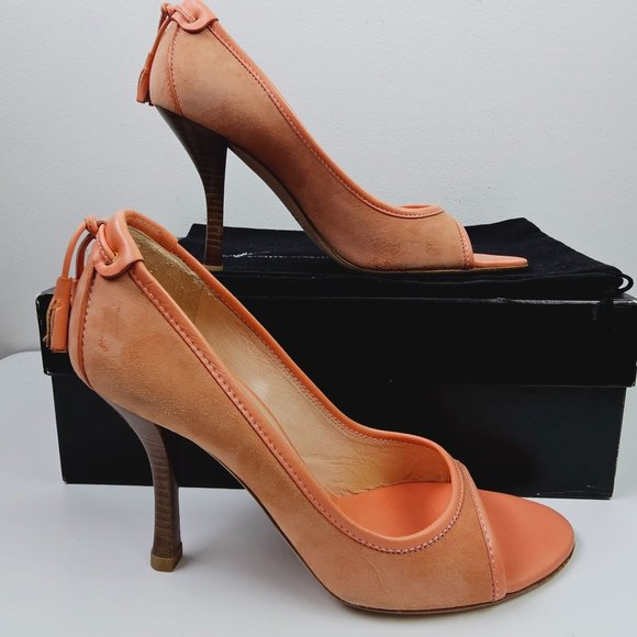 Giuseppe Zanotti Design TAK 90 Sandolo Peach Peep Toe Suede 4" Heels, 6B - Picture 4 of 11